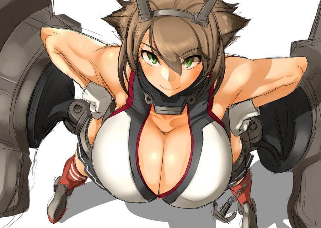 1girl anchor bare_shoulders breasts brown_hair cleavage from_above gloves huge_breasts kantai_collection looking_at_viewer mutsu_(kantai_collection) nuezou short_hair simple_background smile solo