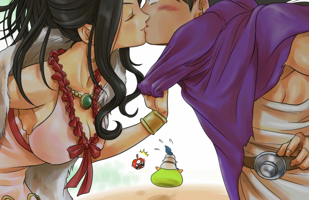 1boy 1girl black_hair blush bracelet breasts cape chinyan cleavage closed_eyes deborah dragon_quest dragon_quest_v earrings evil_apple feather_boa hero_(dq5) hoop_earrings jewelry kiss lipstick long_hair makeup mole necklace pink_lipstick slime_knight turban