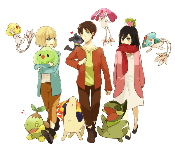 1girl 2boys axew azelf black_hair blonde_hair crossover gorosuke_(my_boy) mesprit multiple_boys pokemon pokemon_(creature) pokemon_(game) pokemon_bw quilava riolu shaymin shingeki_no_kyojin solosis turtwig uxie younger