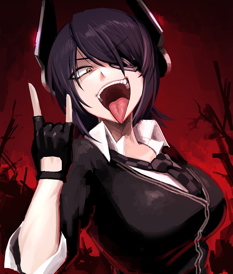 1girl \m/ breasts eyepatch fingerless_gloves gloves headgear hetza_(hellshock) kantai_collection large_breasts looking_at_viewer necktie open_mouth personification purple_hair school_uniform short_hair smile solo tenryuu_(kantai_collection) tongue tongue_out yellow_eyes