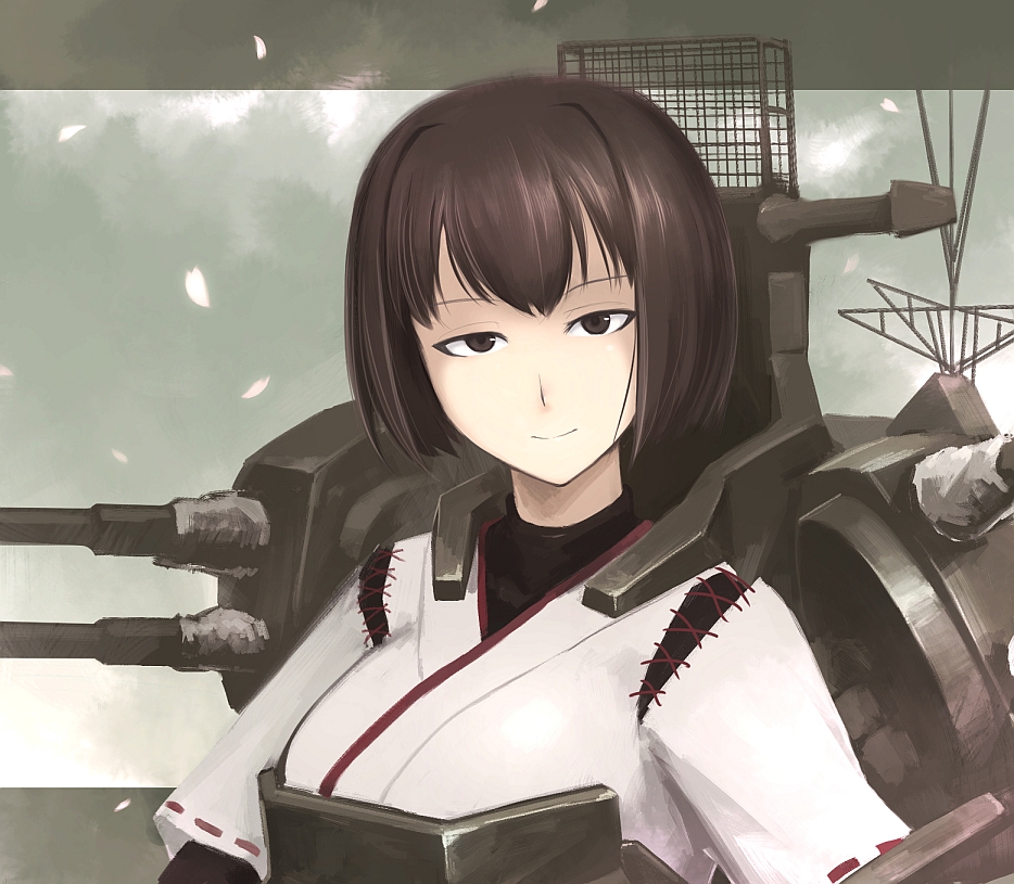1girl blush brown_eyes brown_hair cherry_blossoms hetza_(hellshock) hyuuga_(kantai_collection) kantai_collection looking_at_viewer muneate personification short_hair solo