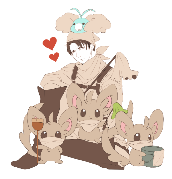 1boy animal_on_head bird bird_on_head black_hair boots brush crossover duster gorosuke_(my_boy) head_scarf heart levi_(shingeki_no_kyojin) minccino pokemon pokemon_(creature) shingeki_no_kyojin swablu