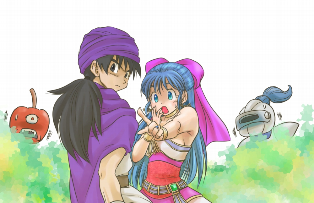 1boy 1girl :o bare_shoulders black_hair blue_eyes blue_hair blush bow bracelet chinyan covering_mouth dragon_quest dragon_quest_v earrings evil_apple flora grey_eyes hair_bow hand_over_own_mouth hero_(dq5) jewelry long_hair pointing ring slime_knight sweatdrop turban