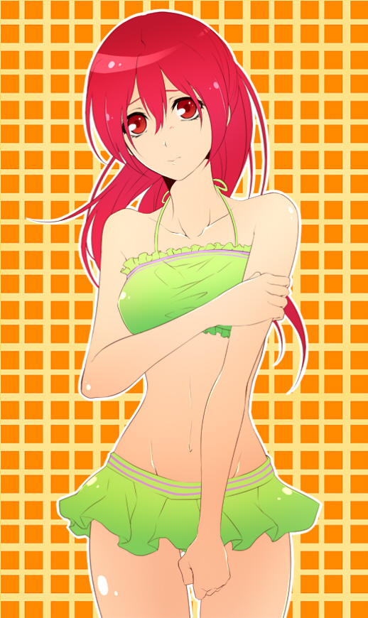 1girl artist_request bikini free! long_hair matsuoka_gou ponytail red_eyes red_hair redhead skirt solo source_request swimsuit