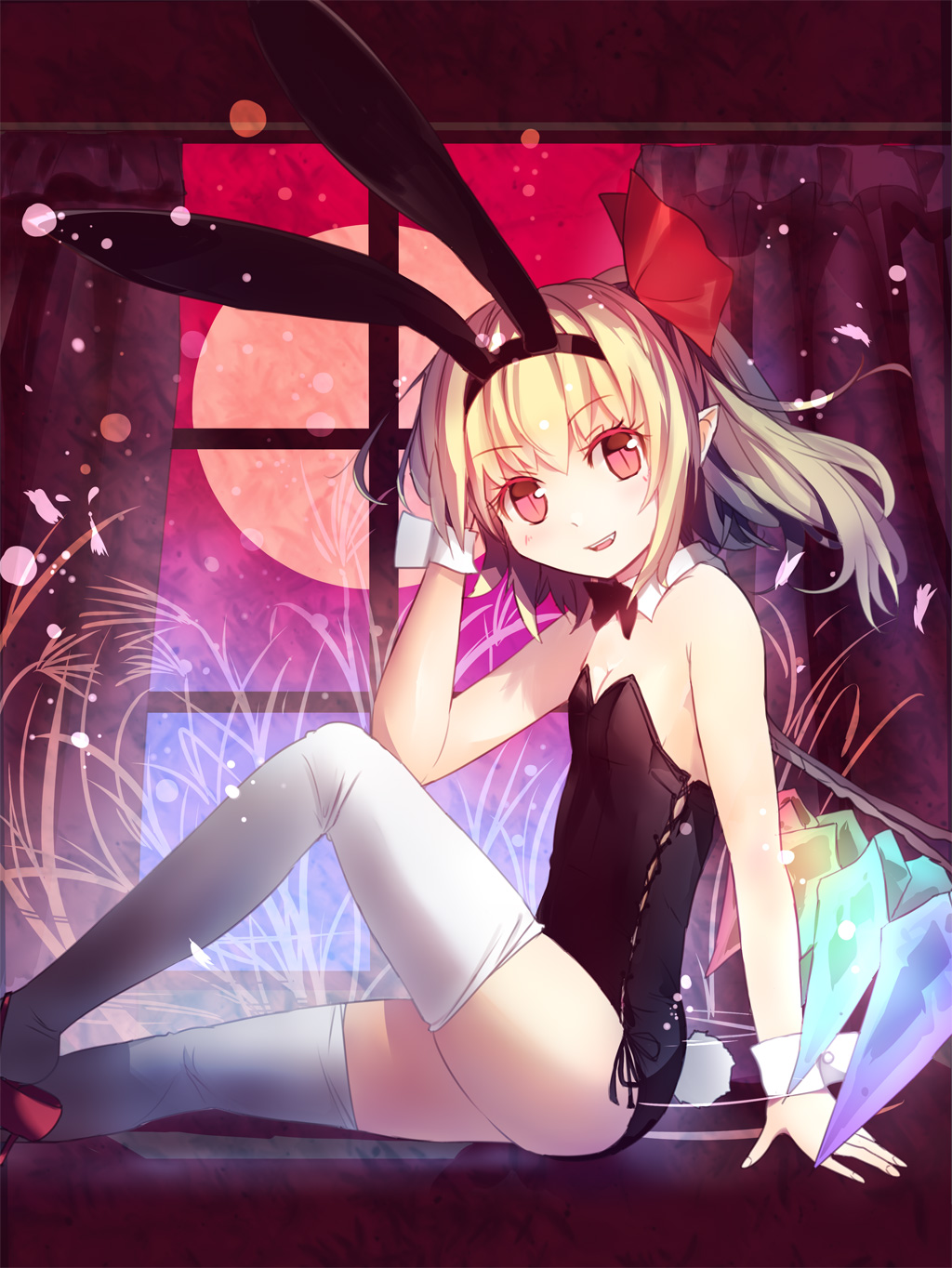 1girl alternate_costume animal_ears arm_support bare_shoulders blonde_hair breasts bunnysuit cleavage culter fake_animal_ears flandre_scarlet highres looking_at_viewer moon no_hat pointy_ears rabbit_ears red_eyes red_moon short_hair side_ponytail sitting slit_pupils smile solo thighhighs touhou white_legwear window wings wrist_cuffs