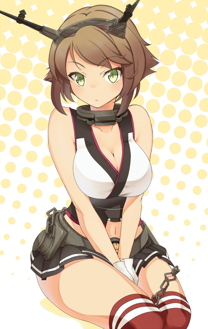 1girl bare_shoulders blush breasts brown_hair gloves green_eyes headgear kantai_collection large_breasts looking_at_viewer midriff mutsu_(kantai_collection) navel personification red_legwear short_hair skirt solo thighhighs touryou white_gloves