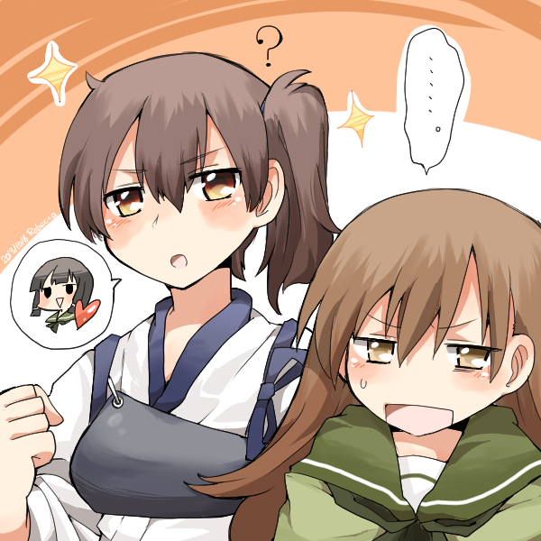 ... 2girls ? armor black_hair braid brown_eyes brown_hair heart japanese_clothes kaga_(kantai_collection) kantai_collection kitakami_(kantai_collection) multiple_girls muneate ooi_(kantai_collection) open_mouth personification ponytail rebecca_(keinelove) side_ponytail sparkle sweatdrop triangle_mouth yellow_eyes
