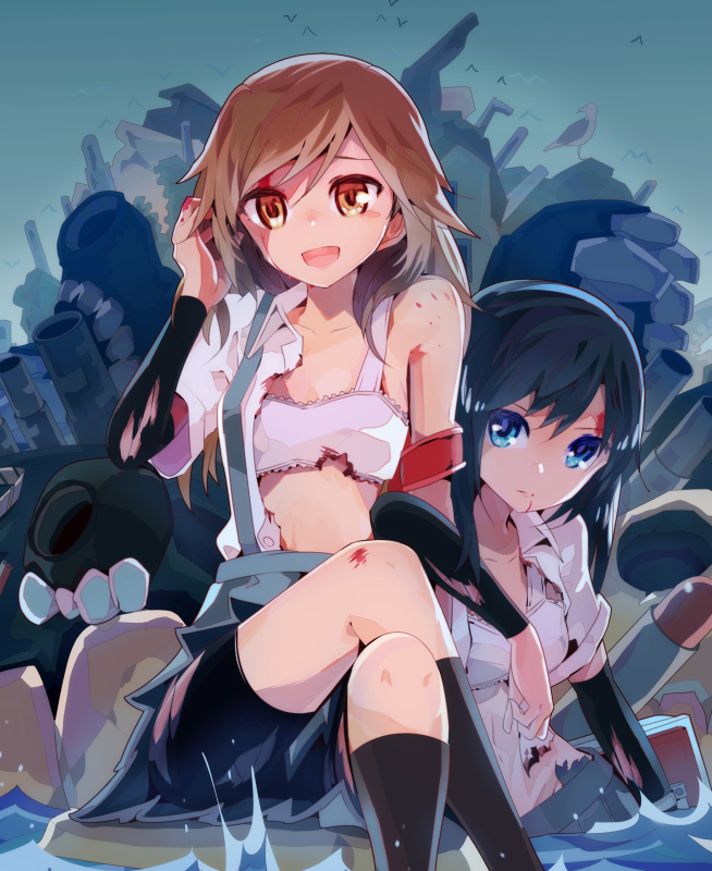 adjusting_hair arashio_(kantai_collection) asashio_(kantai_collection) bird black_hair blood blue_eyes bra brown_eyes brown_hair crossed_legs inae_keiji injury kantai_collection looking_at_viewer machinery midriff open_mouth personification seagull sitting socks torn_clothes turret underwear