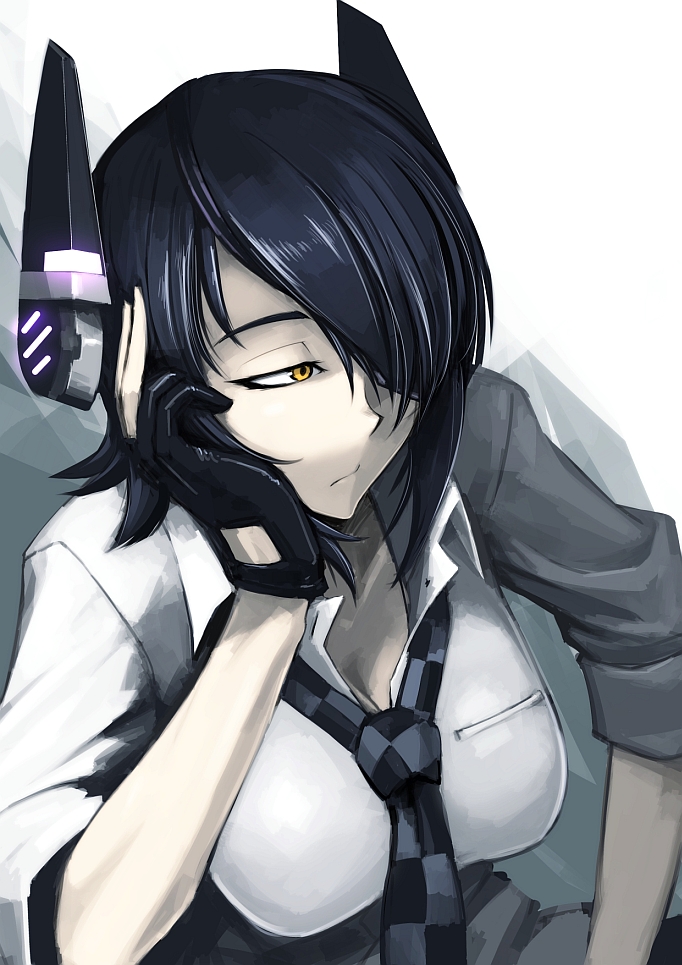 1girl black_hair bored breasts checkered_necktie cleavage dress_shirt eyepatch fingerless_gloves gloves hair_over_one_eye head_rest headgear hetza_(hellshock) kantai_collection large_breasts necktie personification shirt short_hair solo tenryuu_(kantai_collection) yellow_eyes