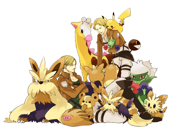 1boy 1girl blonde_hair crossover facial_hair girafarig gorosuke_(my_boy) herdier lillipup mike_zakarius mustache nanaba pikachu pokemon pokemon_(creature) roselia roserade shingeki_no_kyojin short_hair stoutland swinub teddiursa