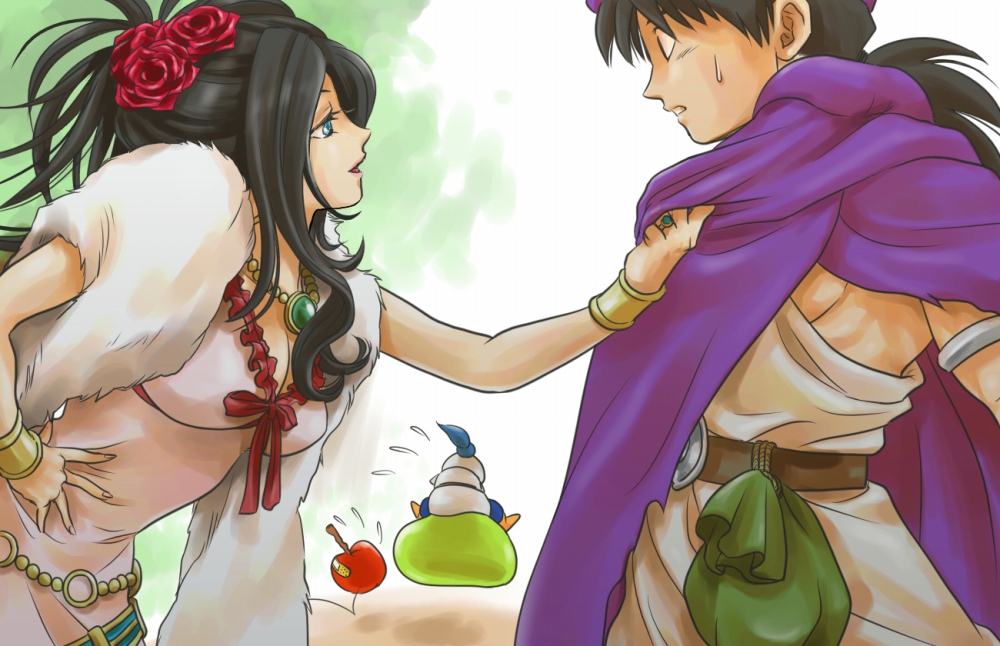 1boy 1girl bandaid black_hair blue_eyes bracelet breasts cape chinyan cleavage deborah dragon_quest dragon_quest_v earrings evil_apple feather_boa flower hair_flower hair_ornament hand_on_hip hero_(dq5) hoop_earrings jewelry lipstick long_hair makeup mole necklace pink_lipstick red_rose ring rose slime_knight sweatdrop turban