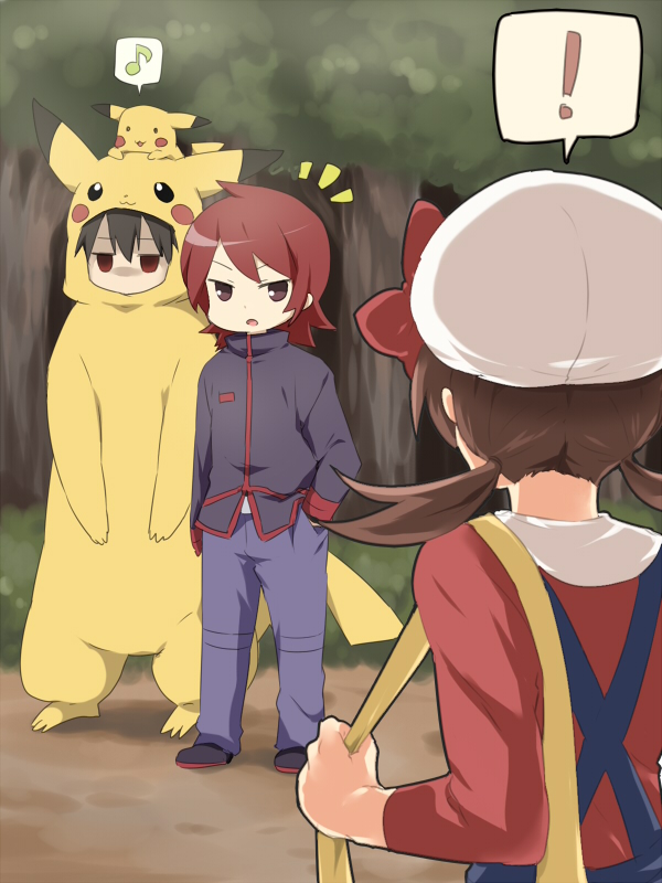 1girl 2boys bad_id bag cosplay costume hat hat_ribbon kotone_(pokemon) maruki_(punchiki) multiple_boys pikachu pikachu_(cosplay) pokemon pokemon_(game) pokemon_gsc pokemon_rgby red_(pokemon) red_(pokemon)_(classic) red_ribbon ribbon silver_(pokemon) silver_(pokemon)_(remake)