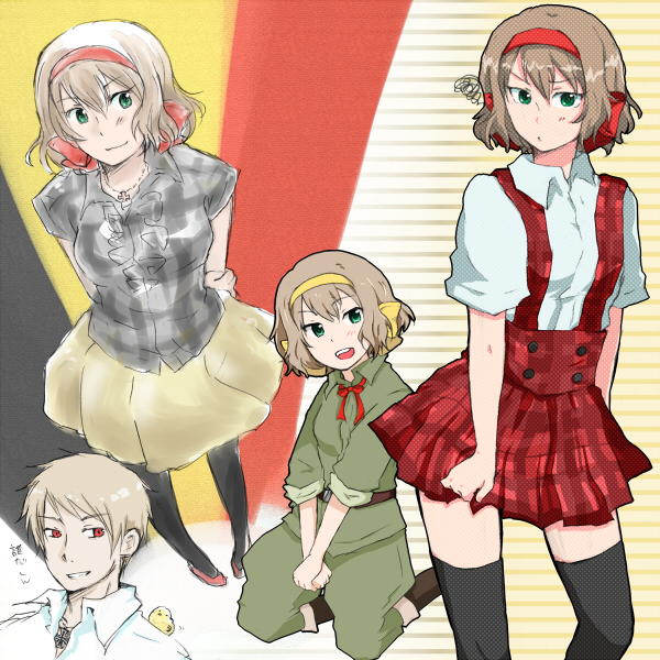 bad_id belgium_(hetalia) bird blonde_hair chick d34 dress green_eyes hair_ribbon jewelry military military_uniform necklace pantyhose pleated_skirt prussia_(hetalia) red_eyes ribbon short_hair skirt sleeves_rolled_up thigh-highs thighhighs uniform zettai_ryouiki