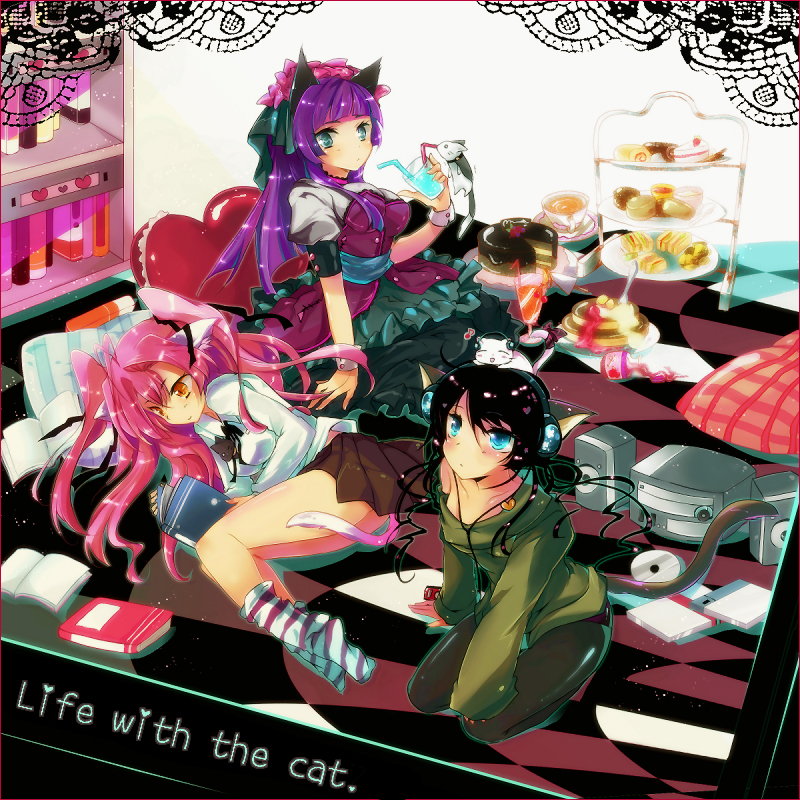 animal_ears aqua_eyes black_hair book cake cat cat_ears cd dress drink food glass hair_ornament headphones heart ichiyou_moka kneeling long_hair lying multiple_girls on_side original pantyhose pastry pillow pink_hair purple_hair sitting skirt socks striped striped_socks sweater tail wrist_cuffs yellow_eyes