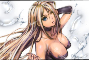 blonde_hair blue_eyes breasts capcom choker cleavage devil_may_cry feathers long_hair looking_up taro_(artist) trish wink
