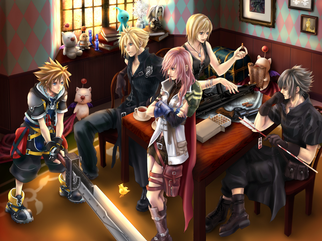 aya_brea belt blonde_hair book boots brown_hair bullet cape chains chocobo crossed_arms crossover elbow_gloves final_fantasy final_fantasy_versus_xiii final_fantasy_vii final_fantasy_xiii fingerless_gloves gloves grey_hair gun hamaya indoors kanou kingdom_hearts koyokoyo lightning_(ff13) little_big_planet long_hair moogle necklace noctis_lucis_caelum opoona parasite_eve parasite_eve_the_3rd_birthday picture pikmin pink_hair pouch short_hair sitting sora spiky_hair sword table treasure_chest yaruo