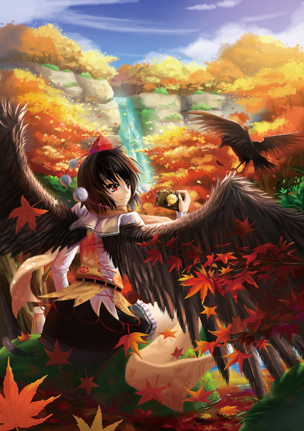 crow forest leaf leaves maple_leaf nature saber_01 scarf shameimaru_aya touhou water waterfall