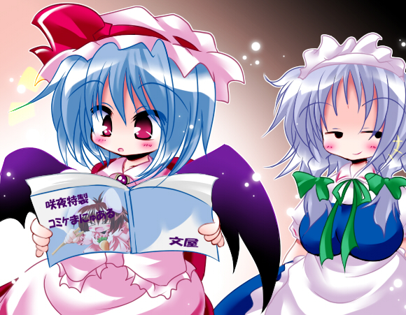 arary bad_id bat_wings blue_hair book braid breasts hat inaba_tewi izayoi_sakuya large_breasts maid multiple_girls pads red_eyes remilia_scarlet silver_hair touhou twin_braids wings