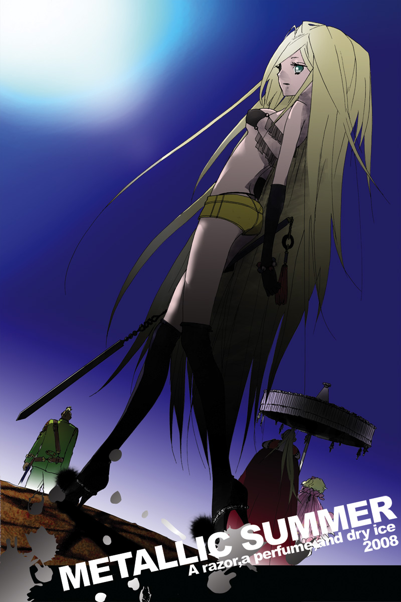 blonde_hair boots cefca_palazzo celes_chere elbow_gloves final_fantasy final_fantasy_vi gloves green_eyes high_heels highres kneehighs legs leo_cristophe long_hair noromi parasol shoes short_shorts shorts solo sun sword tina_branford umbrella very_long_hair weapon