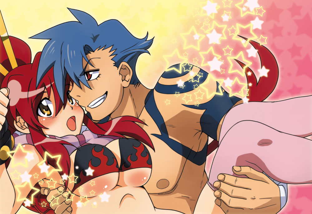 1boy 1girl bikini_top blue_hair blush breasts carrying chopsticks couple fingerless_gloves gloves grin holding kamina pink_legwear pink_thighhighs princess_carry red_eyes red_hair redhead scarf smile star suika_soda tattoo tengen_toppa_gurren_lagann thighhighs underboob yellow_eyes yoko_littner