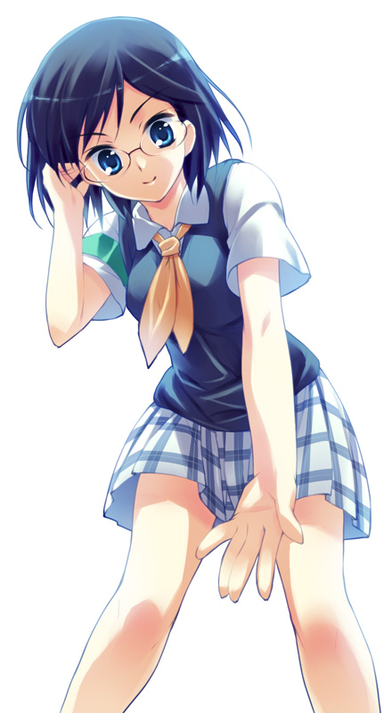 blue_eyes blue_hair from_below glasses hoshizaki_hikaru konori_mii outstretched_arm outstretched_hand reaching school_uniform shirt short_hair skirt to_aru_kagaku_no_railgun to_aru_majutsu_no_index vest