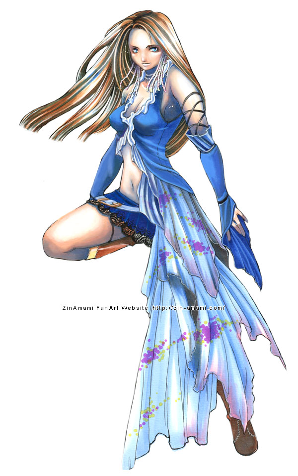 1girl bad_id bare_shoulders blue_eyes boots breasts brown_hair cleavage detached_sleeves female final_fantasy final_fantasy_x-2 full_body lace lace-trimmed_skirt lace_trim lenne long_hair microskirt midriff navel necklace simple_background skirt solo white_background zin_amami