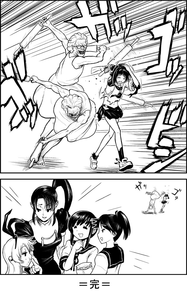 bullying capoeira character_request choufu_shimin comic cookie cookie_clicker eating food grandma_(cookie_clicker) kantai_collection kicking monochrome naka_(kantai_collection) rolling_pin shimakaze_(kantai_collection) side_ponytail torn_clothes