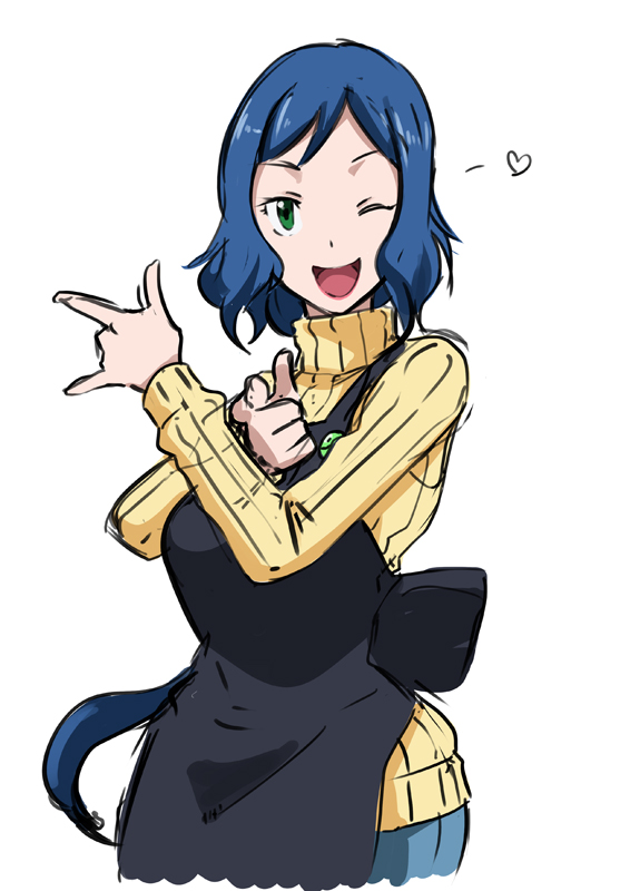 1girl \m/ apron bishoujo_senshi_sailor_moon blue_hair breasts eroquis green_eyes gundam_build_fighters iori_rinko large_breasts long_hair mitsuishi_kotono parody ponytail ribbed_sweater seiyuu_connection solo sweater tsuki_ni_kawatte_oshioki_yo turtleneck wink