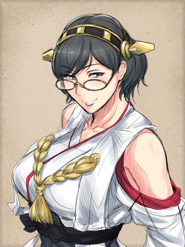 1girl bare_shoulders black_beat black_hair breasts collarbone detached_sleeves glasses grey_eyes hairband japanese_clothes kantai_collection kirishima_(kantai_collection) personification rough short_hair smile solo