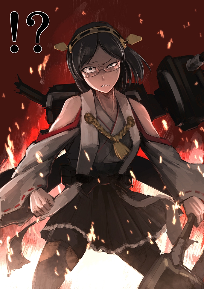 !? 1girl black_hair broken_glasses constricted_pupils damaged fire frills hairband hetza_(hellshock) japanese_clothes kantai_collection kirishima_(kantai_collection) miko personification raised_eyebrow skirt solo thigh-highs torn_clothes