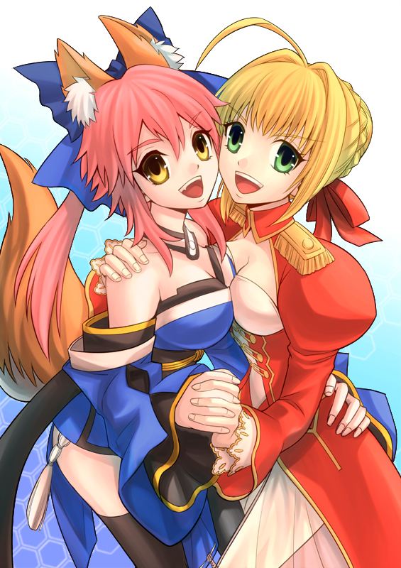 2girls ahoge animal_ears bare_shoulders blonde_hair bow breasts caster_(fate/extra) cleavage detached_sleeves dress fate/extra fate_(series) fox_ears fox_tail green_eyes hair_bow hair_ribbon interlocked_fingers japanese_clothes multiple_girls pink_hair red_dress ribbon saber_extra sanada_(teketo) tail thighhighs twintails yellow_eyes