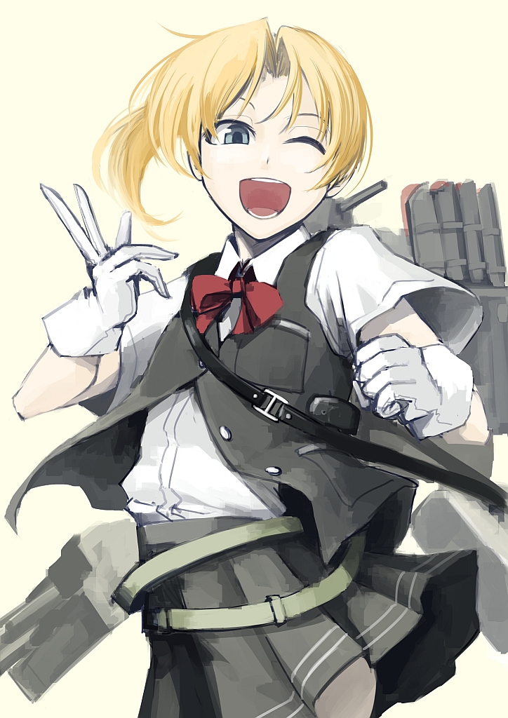 1girl :d belt blonde_hair blue_eyes bowtie clenched_hand gloves hetza_(hellshock) kantai_collection maikaze_(kantai_collection) open_mouth personification pleated_skirt simple_background skirt smile solo turret vest white_gloves wink