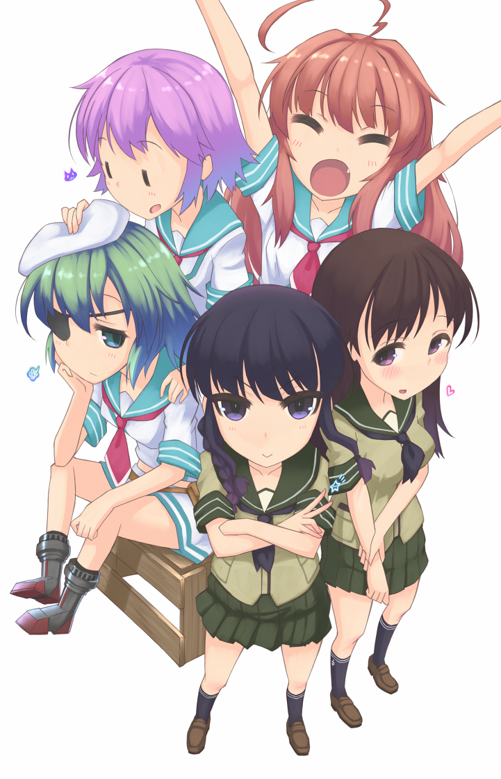 5girls :d :| arms_up black_hair blue_eyes brown_hair eyepatch green_hair hand_on_another's_hat kantai_collection kiso_(kantai_collection) kitakami_(kantai_collection) kneehighs kuma_(kantai_collection) long_hair multiple_girls ooi_(kantai_collection) open_mouth personification pleated_skirt purple_hair redhead s_ibane school_uniform serafuku sitting skirt smile tama_(kantai_collection) v violet_eyes white_background ||_||