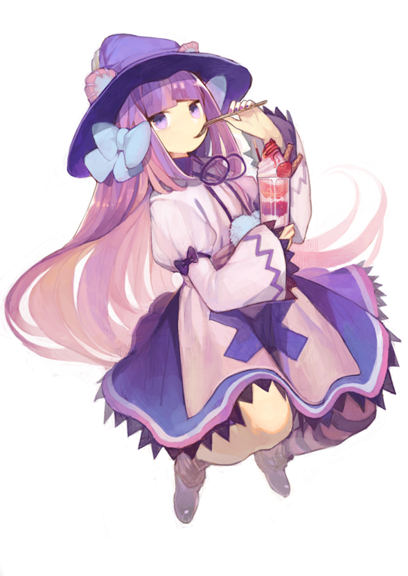 1girl bangs blunt_bangs cup dress dumpty_alma emil_chronicle_online food fruit hair_ribbon hat looking_at_viewer misoni_comi parfait purple_hair puzzle_&amp;_dragons ribbon solo spoon strawberry violet_eyes witch_hat