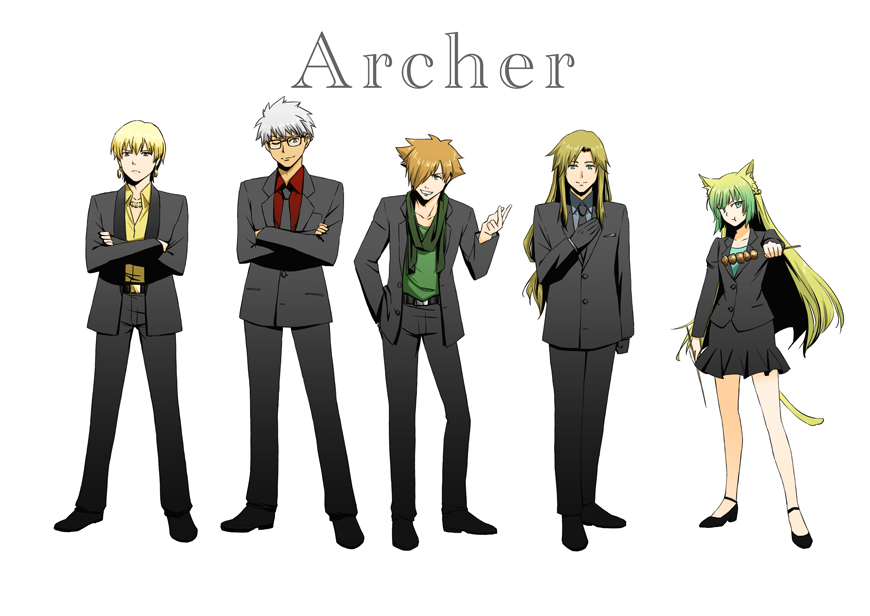 1girl 4boys archer archer_(fate/extra) archer_of_black archer_of_red bespectacled blonde_hair brown_hair crossed_arms dango fate/apocrypha fate/extra fate/stay_night fate/zero fate_(series) food formal gilgamesh glasses green_hair multiple_boys necktie scarf shimaneko skirt_suit suit wagashi white_hair wink