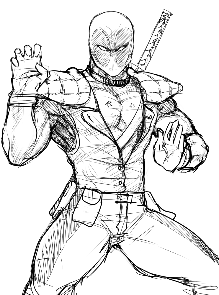 1boy cosplay crossover deadpool drawfag hokuto_no_ken kenshirou looking_at_viewer marvel mask parody pose posing scar simple_background sketch solo sword weapon white_background