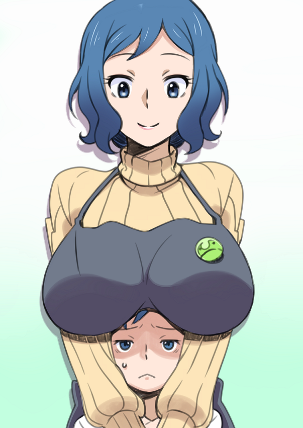 1boy 1girl apron blue_eyes blue_hair breast_rest breasts breasts_on_head date_naoto gundam gundam_build_fighters haro iori_rinko iori_sei large_breasts mother_and_son sweater