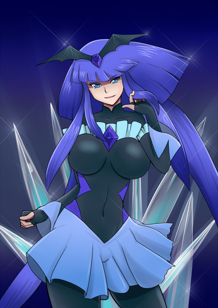 1girl bad_end_beauty bad_end_precure bakusai big_breasts blue blue_background blue_dress blue_eyes blue_hair bodysuit breasts clothed_navel dress fingerless_gloves gloves huge_breasts ice large_breasts long_hair payot precure skirt smile smile_precure! solo tiara
