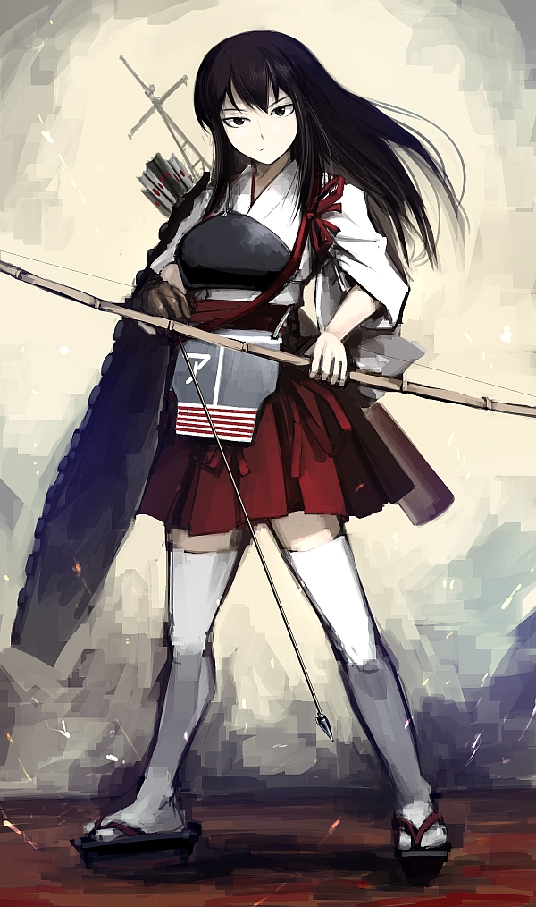 1girl archery arrow bow_(weapon) hakama hetza_(hellshock) japanese_clothes kaga_(kantai_collection) kantai_collection kyuudou looking_at_viewer muneate personification pleated_skirt quiver skirt solo weapon yugake