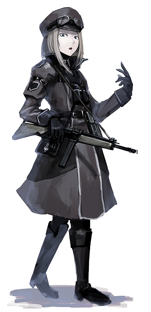 androgynous arm_garter boots coat gloves goggles goggles_on_head gun hat hetza_(hellshock) simple_background solo weapon white_background
