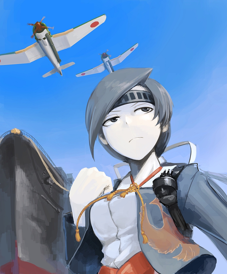 1girl airplane black_eyes black_hair bomb chitose_(kantai_collection) clenched_hand headband hetza_(hellshock) japanese_clothes kantai_collection pale_skin personification ship solo tassel turret