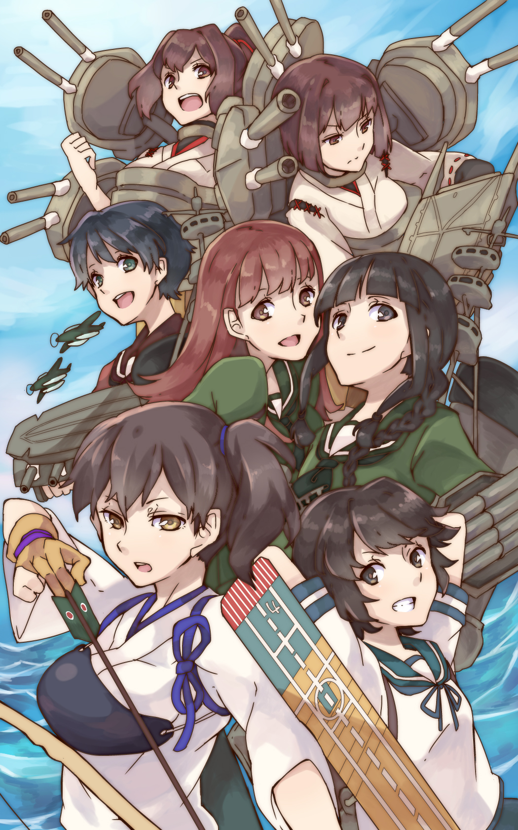 6+girls ahoge bangs black_hair blunt_bangs brown_hair highres kantai_collection kitakami_(kantai_collection) kuuga_(cf) multiple_girls ooi_(kantai_collection) personification school_uniform serafuku