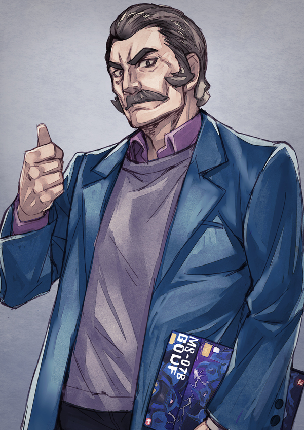 1boy brown_eyes brown_hair facial_hair formal gundam gundam_build_fighters hand_in_pocket matsuryuu mobile_suit_gundam mustache ramba_ral short_hair solo thumbs_up