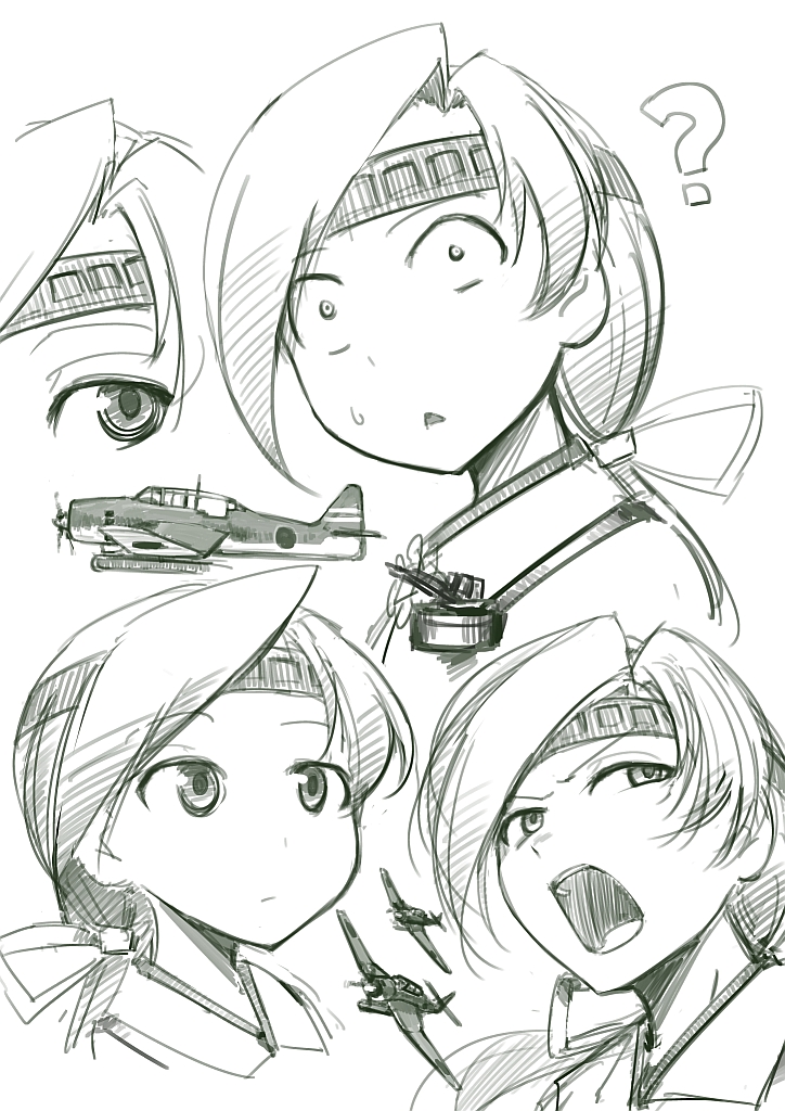 1girl ? airplane chitose_(kantai_collection) expressions headband hetza_(hellshock) kantai_collection open_mouth personification ponytail sweatdrop turret