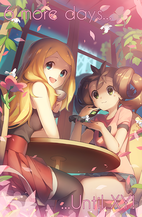 2girls black_legwear blonde_hair blue_eyes brown_hair cup flabebe green_eyes long_hair multiple_girls no_hat petals pleated_skirt pokemon pokemon_(game) pokemon_xy quad_tails ribbon sana_(pokemon) serena_(pokemon) short_shorts shorts sitting skirt smile table teacup thigh-highs weee_(raemz) yuri