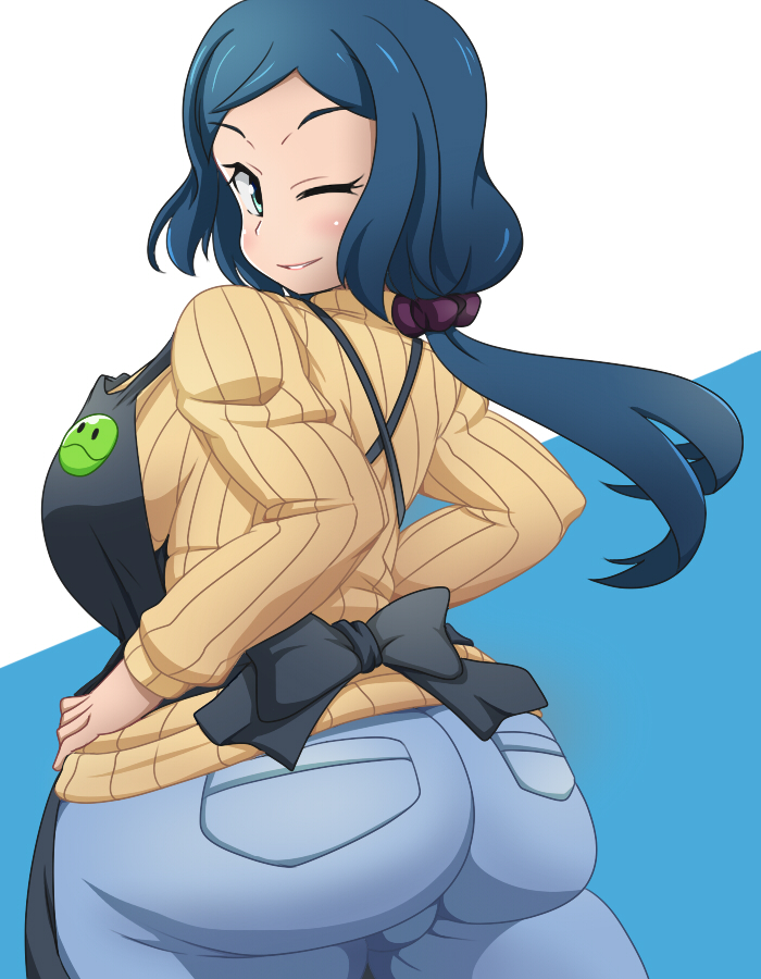 1girl apron aqua_eyes ass blue_background blue_hair breasts crab_club gundam gundam_build_fighters haro iori_rinko jeans large_breasts light_smile long_hair looking_at_viewer looking_back ribbed_sweater solo sweater white_background wink