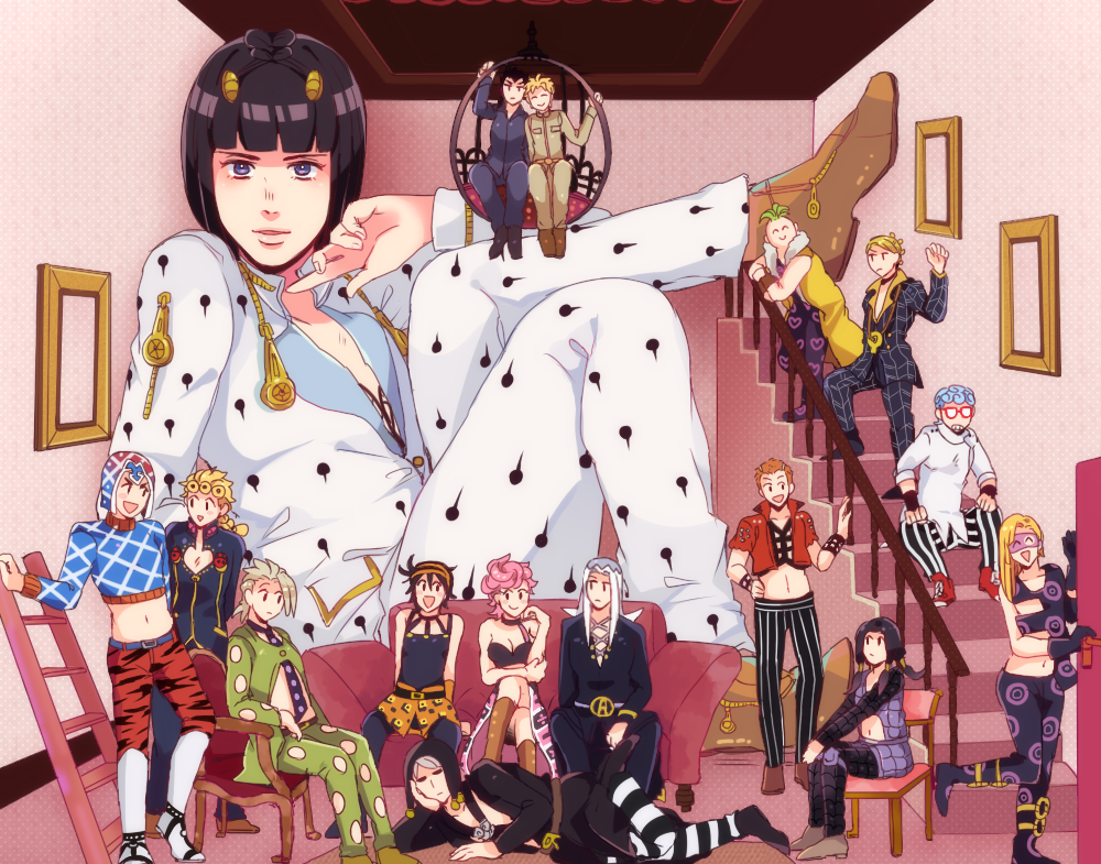 6+boys black_hair bob_cut bruno_bucciarati formaggio gelato ghiaccio giant giorno_giovanna guido_mista illuso jojo_no_kimyou_na_bouken kisaki_nana leone_abbachio melone multiple_boys narancia_ghirga pannacotta_fugo pesci prosciutto risotto_nero sorbet stairs trish_una zipper