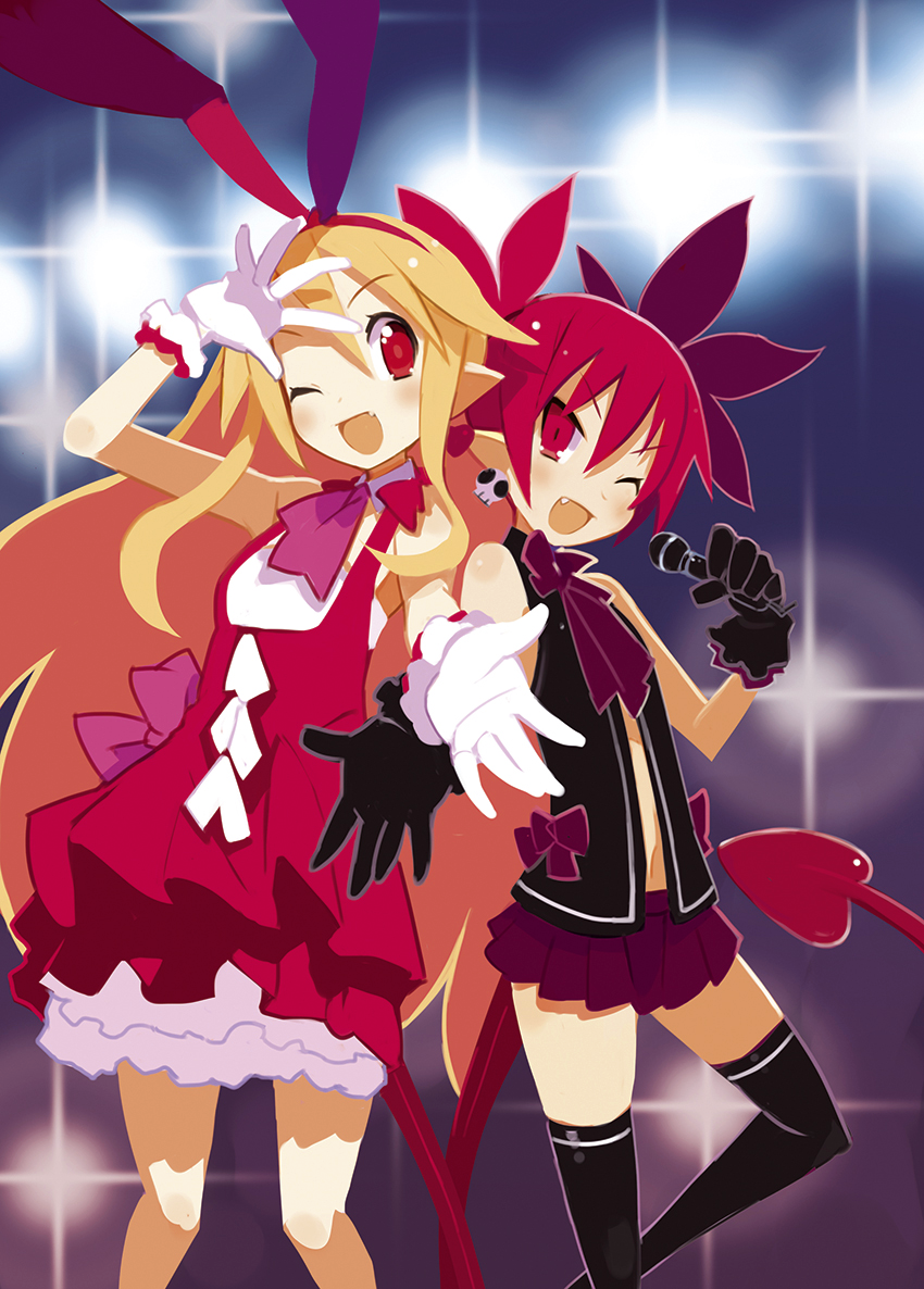 2girls ;d barefoot black_gloves black_legwear blonde_hair demon_tail disgaea disgaea_d2 dress earrings etna fang flonne flonne_(fallen_angel) gloves hair_ribbon harada_takehito idol jewelry long_hair microphone multiple_girls navel official_art open_mouth pleated_skirt pointy_ears red_eyes redhead ribbon skirt smile tail thighhighs twintails very_long_hair white_gloves wink