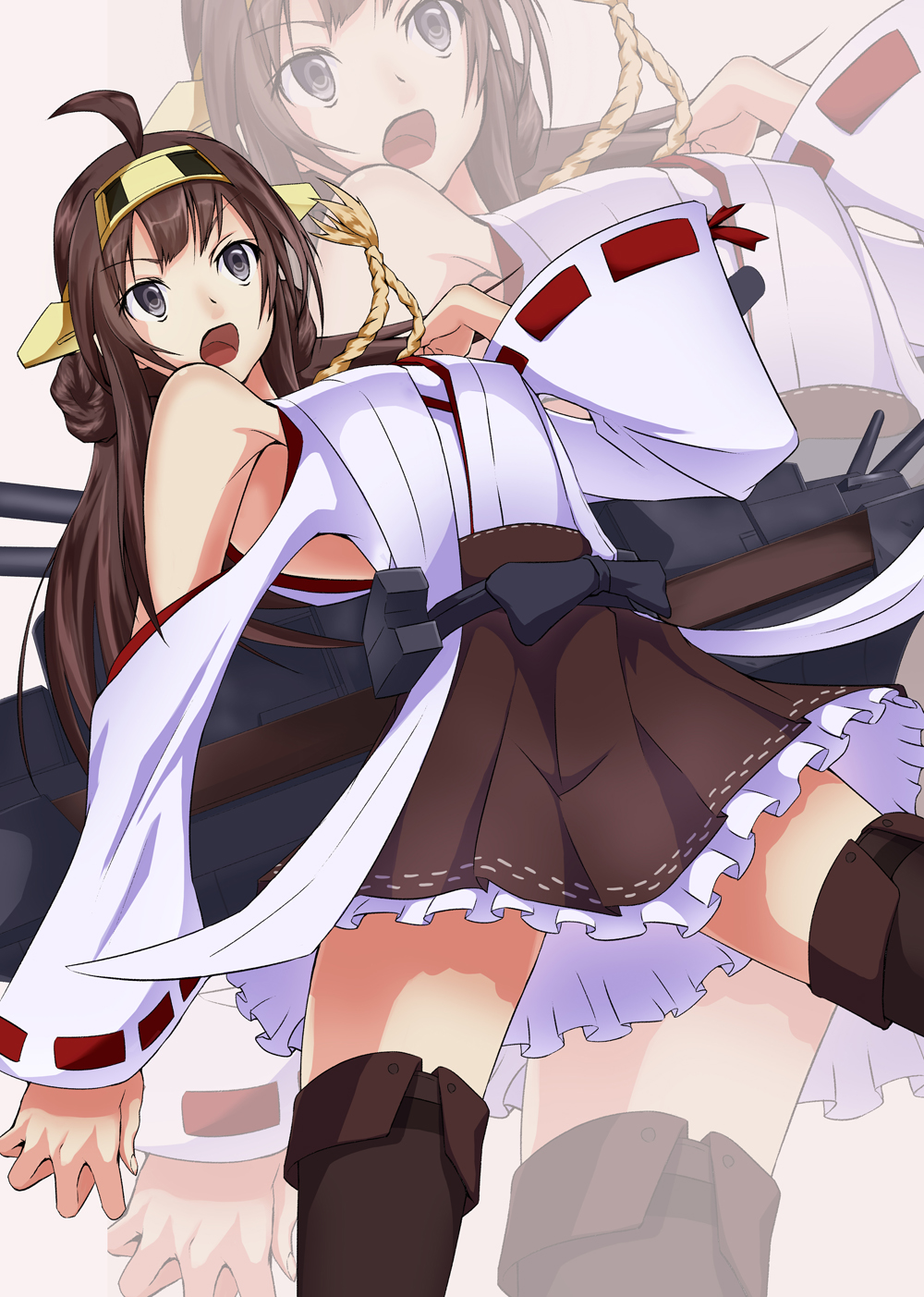 1girl ahoge bare_shoulders boots brown_hair detached_sleeves grey_eyes hairband highres japanese_clothes kaili kantai_collection kongou_(kantai_collection) multiple_girls nontraditional_miko personification pleated_skirt ribbon_trim skirt solo thigh_boots thighhighs wide_sleeves zettai_ryouiki