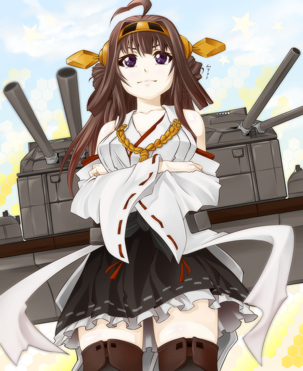 1girl bare_shoulders black_legwear blush boots breasts brown_hair cannon detached_sleeves double_bun hair_ornament hairband headgear highres hissa_yossa japanese_clothes kantai_collection kongou_(kantai_collection) long_hair miko personification skirt smile solo thigh_boots thighhighs turret violet_eyes